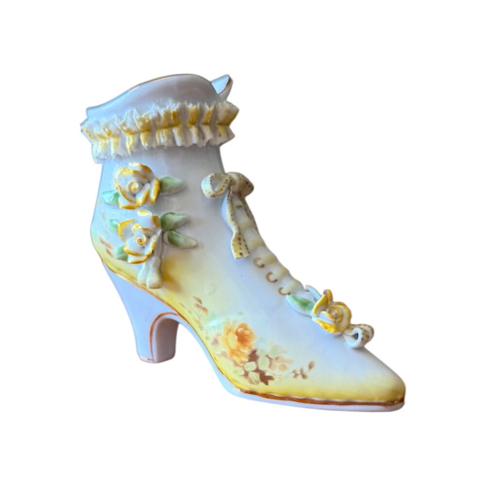 Vintage Inspired Ceramic Yellow Flowers Delicate White Ruffles Boot Limoges